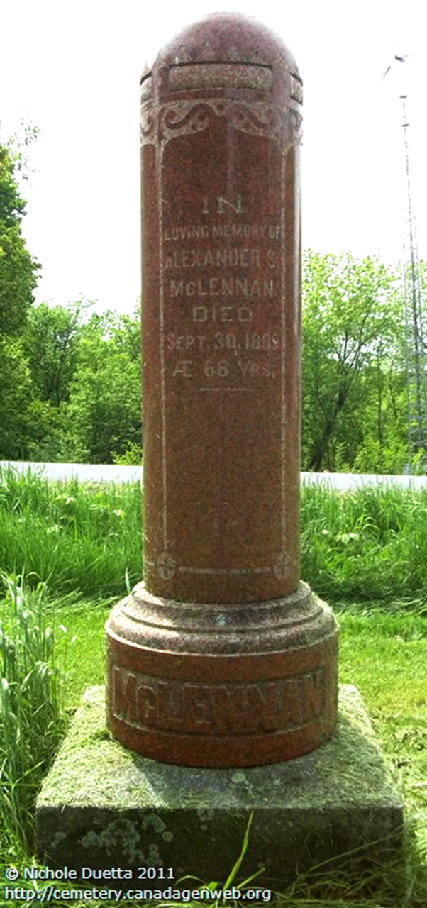 Photo of headstones/Alexander S McLennan d1889 hdstn Riceville Old Baptist Cem Prescott ON